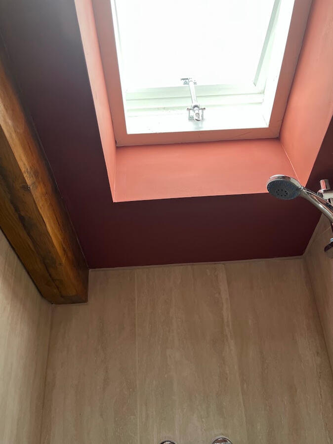Finished shower enclosure with rafter and skylight detail